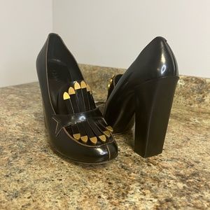 Chloe Shoes Black Gold Kiltie Platform - Leather with Gold Fringe High Heels